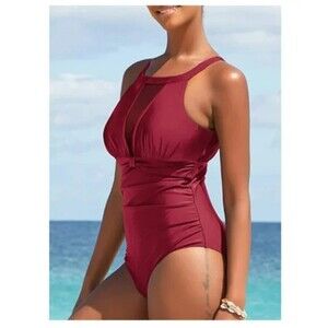 I2CRAZY Wine Red Mesh V Neck Ruched One-Piece Swimwear Sz L